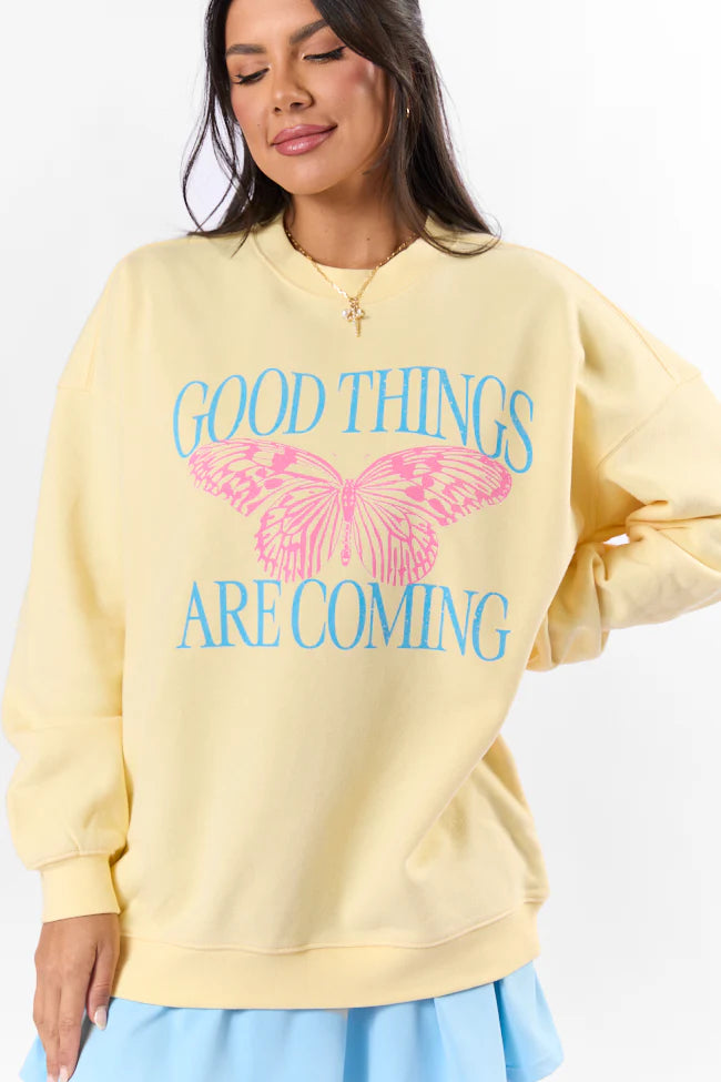 Good Things Are Coming Light Yellow Oversized Graphic Sweatshirt