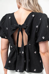 Endless Charm Black Floral Embroidered Gauze Blouse