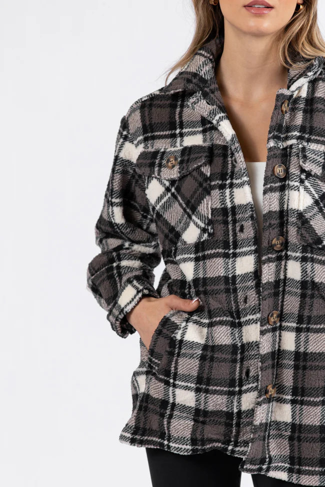 Through The Leaves Black Plaid Sherpa Shacket