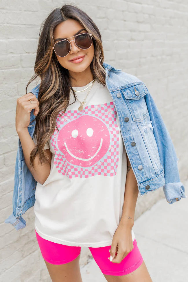 Pink And Teal Checkered Smiley Ivory Graphic Tee