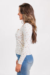 Best In Bloom Ivory Ribbed Floral Henley Top SALE