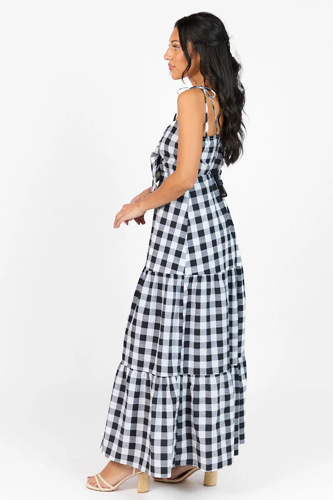 Checked Out Black and White Gingham Tie Front Maxi Dress