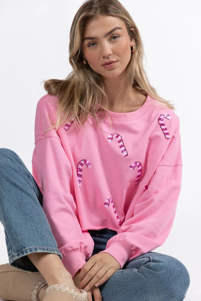 Candy Cane Dreams Pink Sequin Patch Sweatshirt FINAL SALE