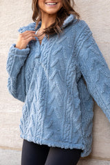 Take The Leap Blue Cable Detail Sherpa Pullover SALE