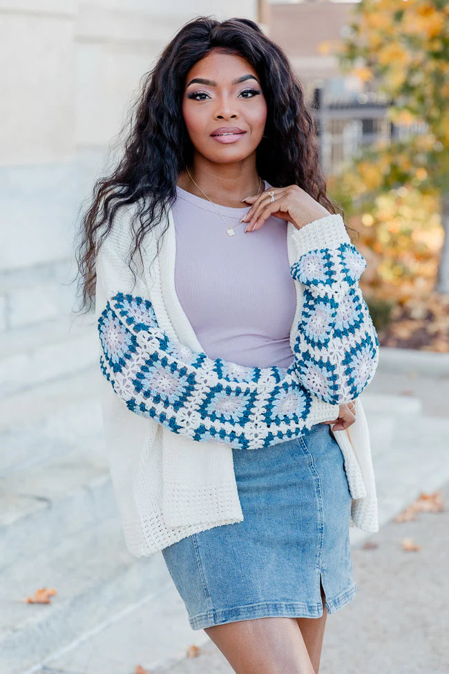 Be Better Ivory and Blue Crochet Sleeve Hooded Cardigan FINAL SALE