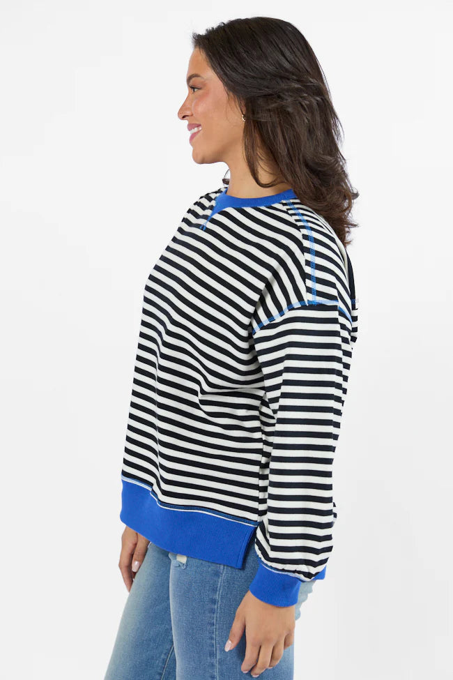 On A Dime Black and Blue Striped Sweatshirt