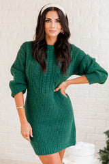 All Is Bright Evergreen Multi Textured Long Sleeve Sweater Dress FINAL SALE