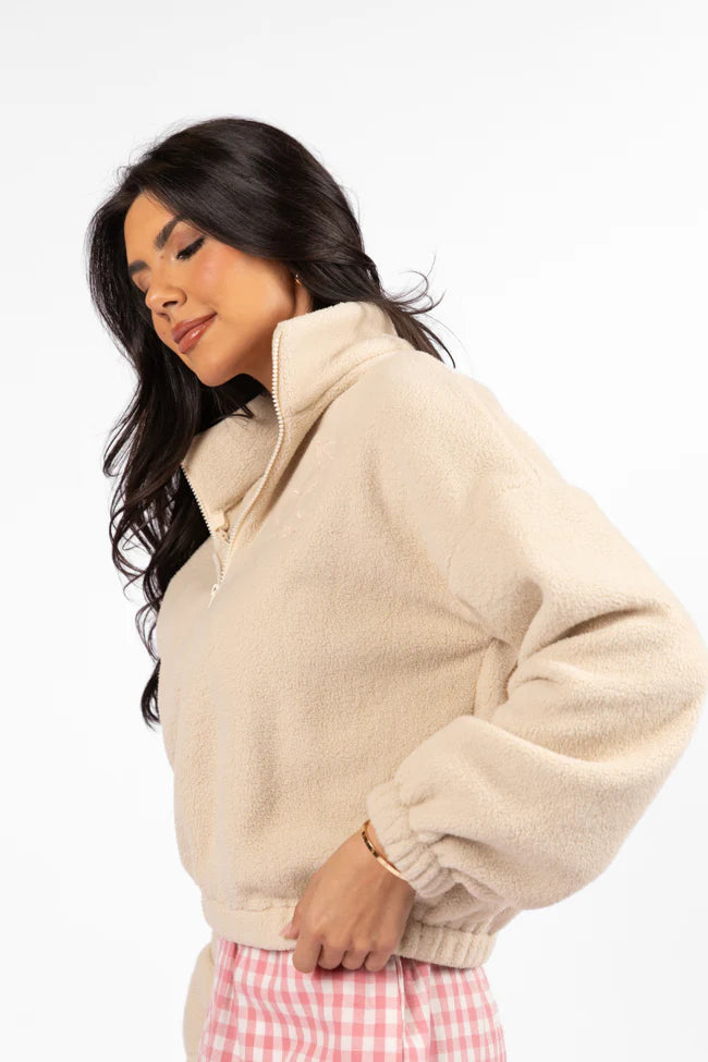 After Hours Mon Cheri Beige Embroidered Fleece Pullover SALE