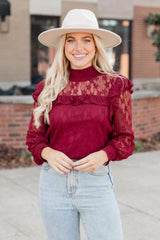 Be The Moment Burgundy Mock Neck Lace Blouse FINAL SALE