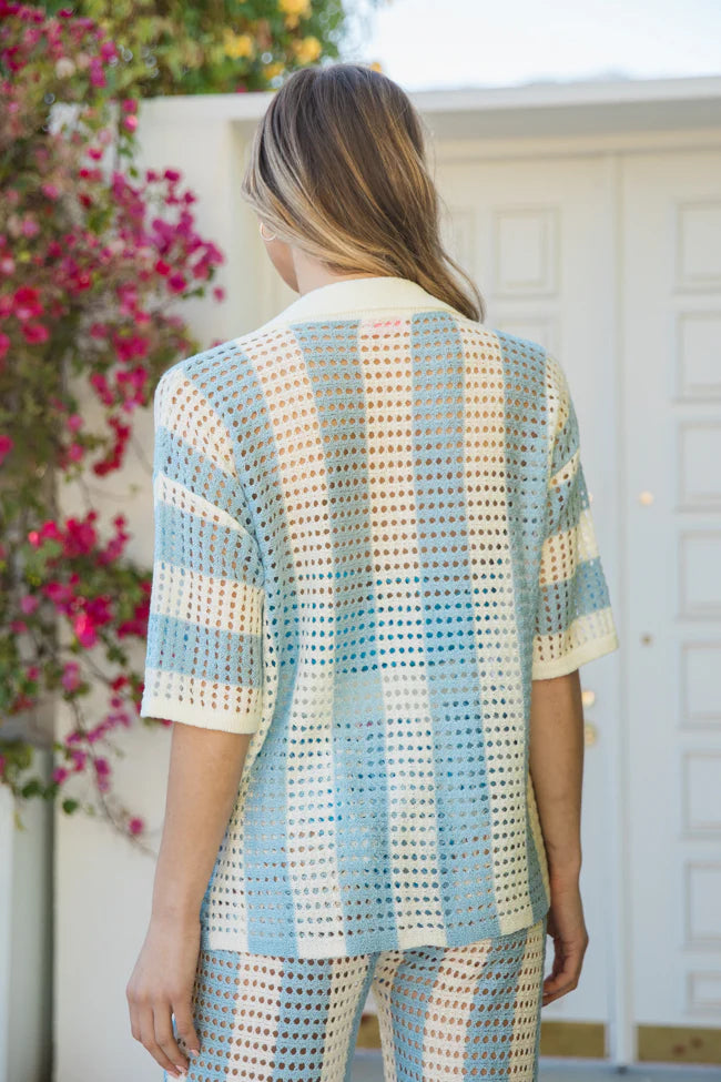 Along The Beach Blue Button Up Crochet Striped Top SALE