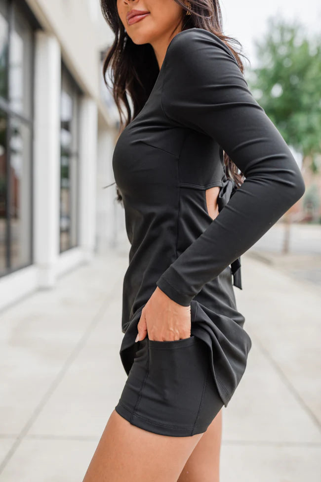 On The Rise Black Long Sleeve Open Back Active Dress FINAL SALE