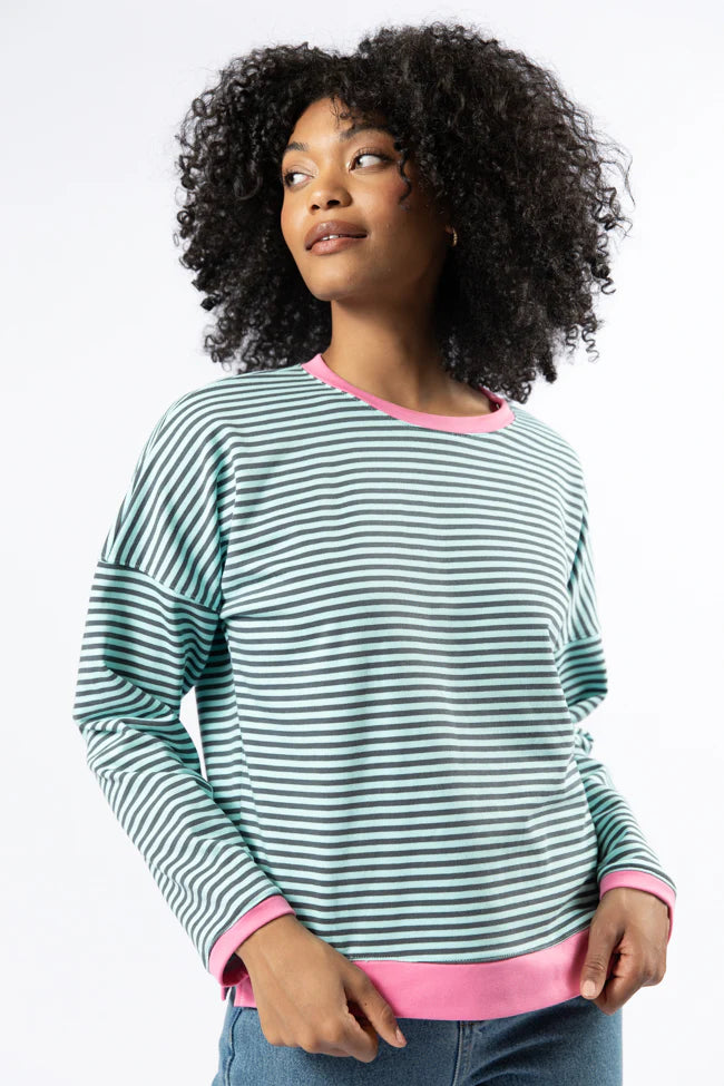 Think On It Pink, Navy, and Charcoal Striped Contrast Trim Pullover FINAL SALE