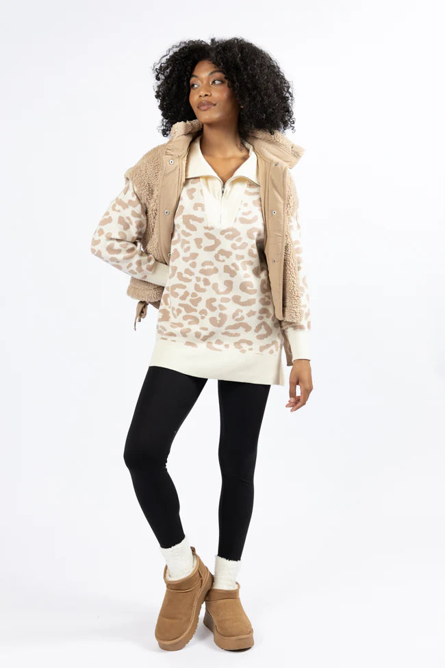 Pulling Heartstrings Tan And Cream Leopard Quarter Zip Pullover SALE