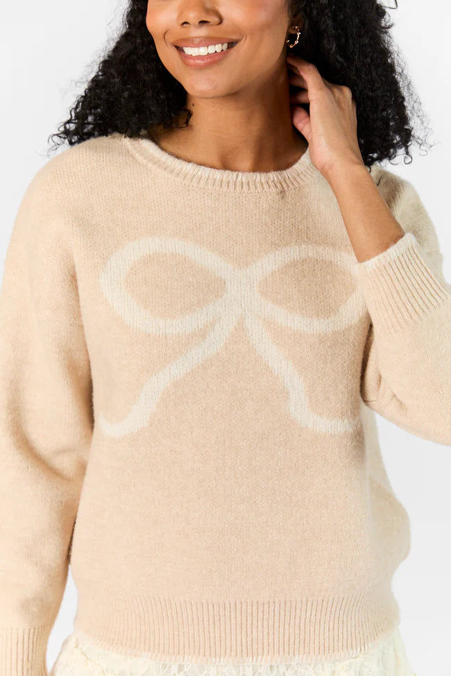 Peek- A-Bow Beige and Ivory Crew Neck Sweater