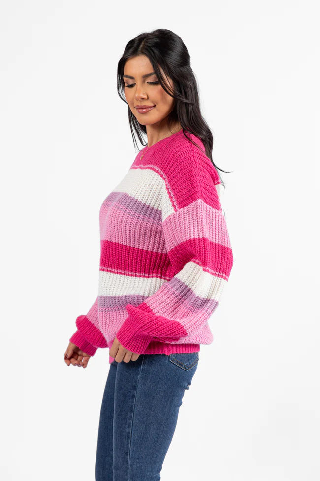 Everything Nice Pink Multi Striped Crew Neck Sweater