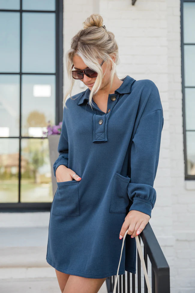 Coffee Chat Navy Button Front Knit Dress FINAL SALE