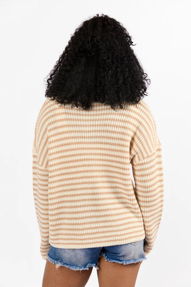 Bayside Breeze Ivory and Tan Stripe Quarter Zip Pullover Sweater