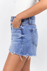 Emmy High Waisted Stretch Relaxed Raw Hem Denim Shorts