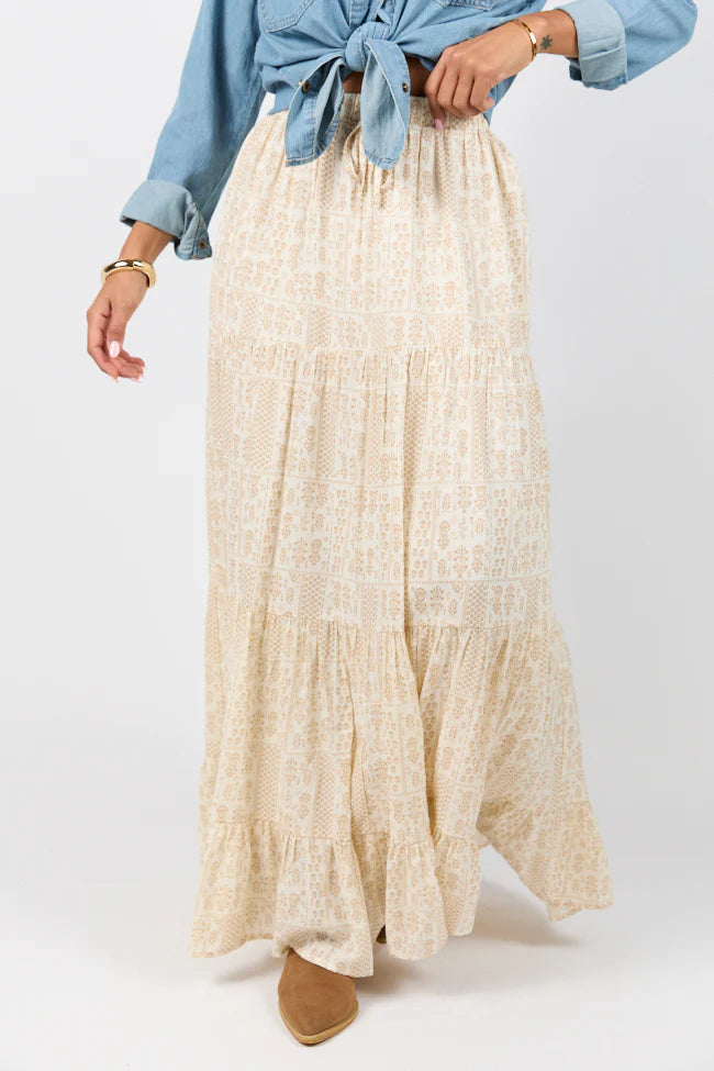 Life Is But A Breeze Ivory and Beige Printed Maxi Skirt