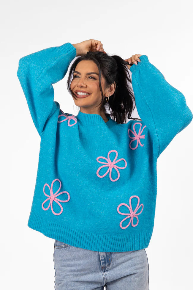 Would've Been The One Blue Flower Embroidered Sweater