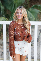 Pursuit Of Paradise Terracotta Cropped Crochet Sweater SALE