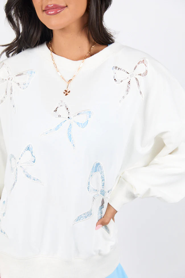 It's Forever Off White Bow Embroidered Lace Sweatshirt