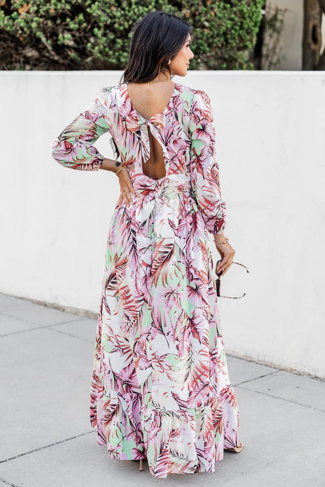 Where I Want To Be Pink and Green Tropical Printed Long Sleeve Maxi Dress FINAL SALE