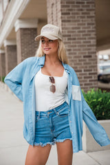 Talk It Over Waffle Detail Chambray Button Front Blouse SALE