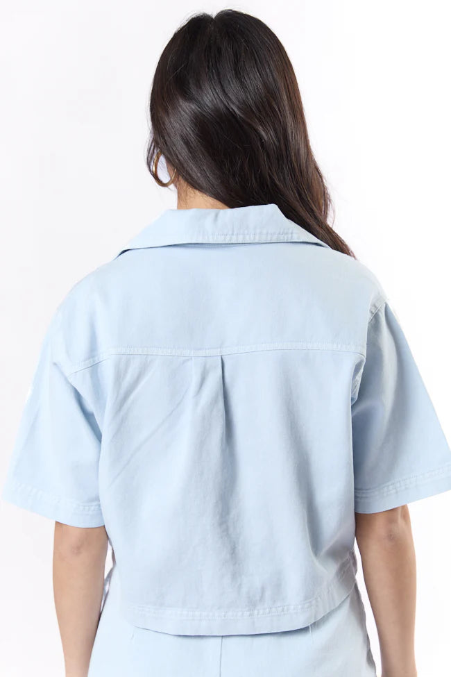 New Ways Ice Blue Cropped Denim Top