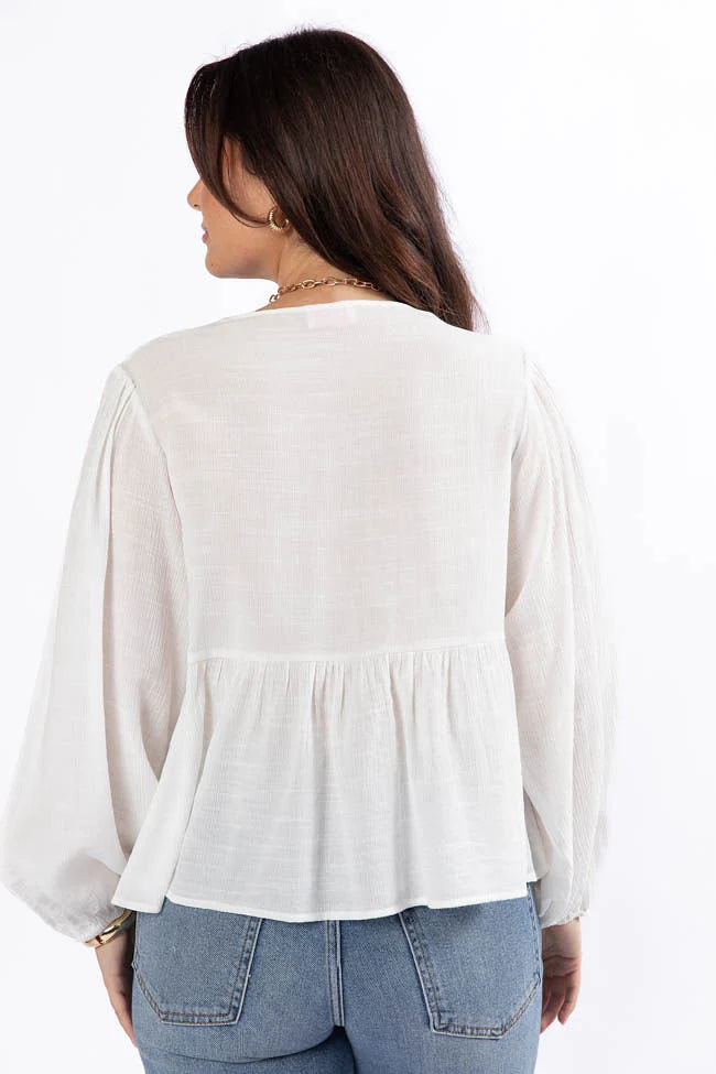 Glistening Lights Ivory Lace Detail Woven Long Sleeve Blouse