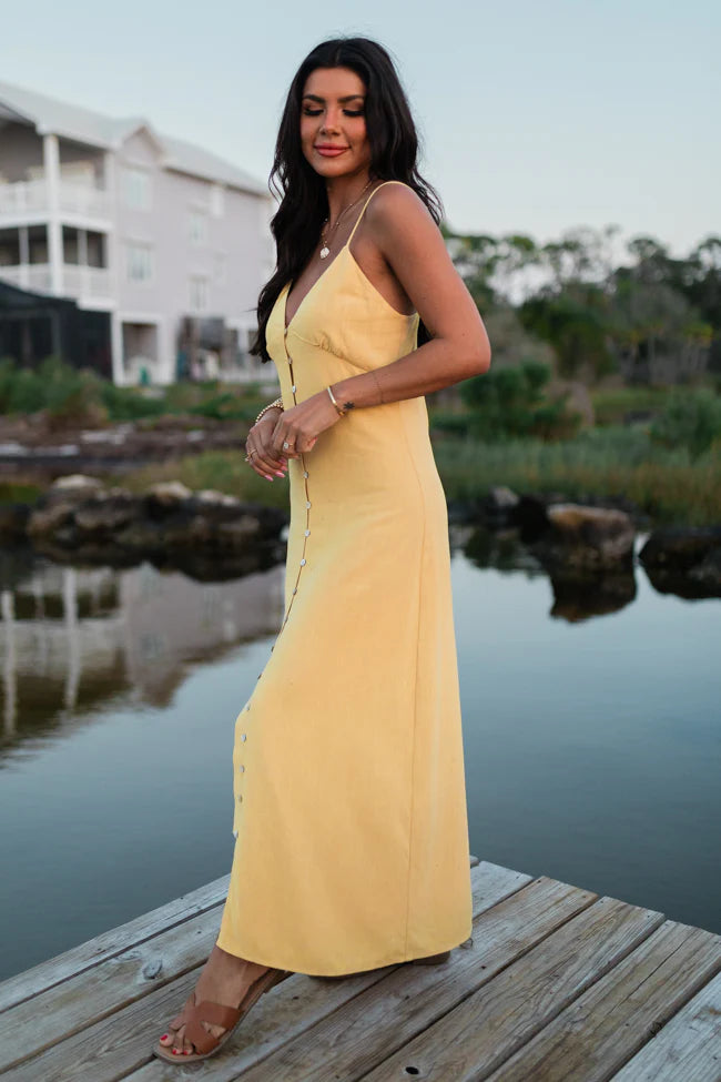 Love Without Limits Yellow Linen Button Down Midi Dress SALE