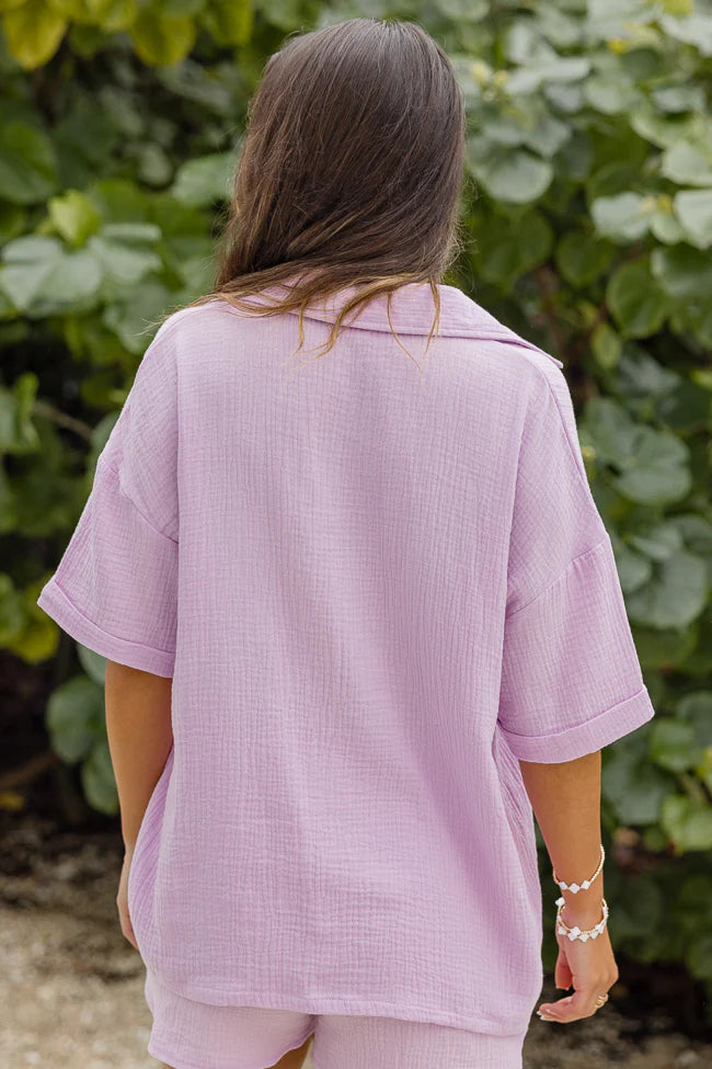 Let Me Adore You Short Sleeve Purple Button Front Gauze Blouse SALE