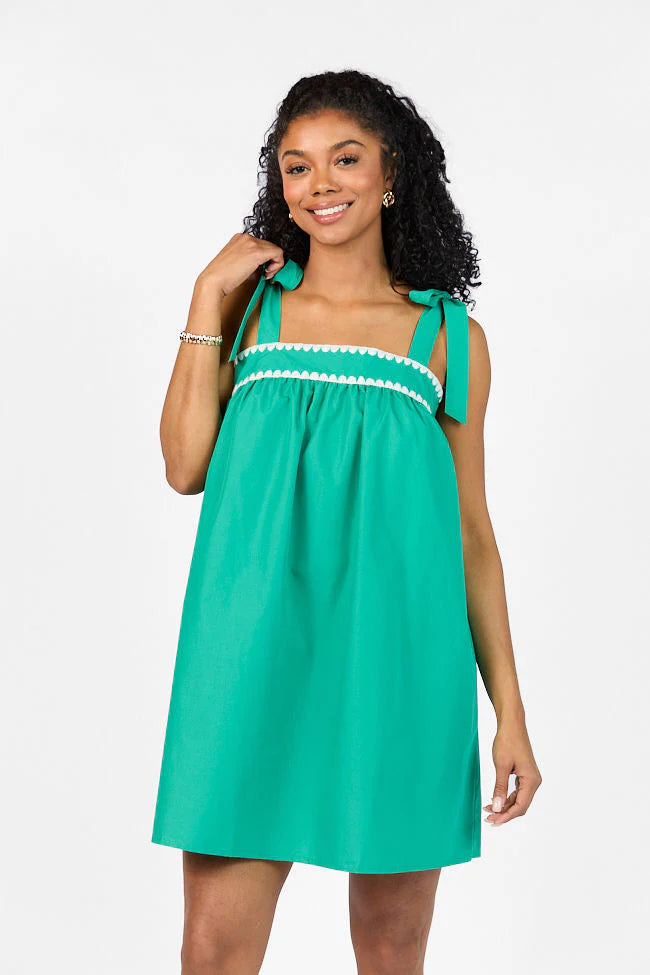 Better This Way Green Tie Shoulder Stitched Trim Mini Dress