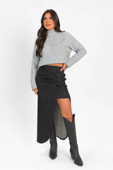 Unexpected Turn Black Denim Twist Front Midi Skirt