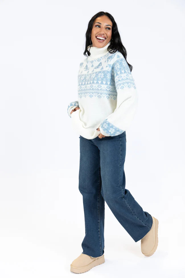 For The Best Ivory and Blue Ski Print Fair Isle Turtleneck Sweater SALE