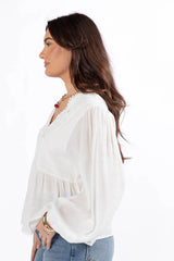 Glistening Lights Ivory Lace Detail Woven Long Sleeve Blouse