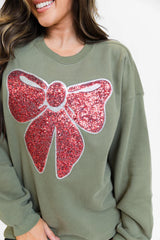 Bow Sequins Patch Olive Oversized Graphic Sweatshirt FINAL SALE