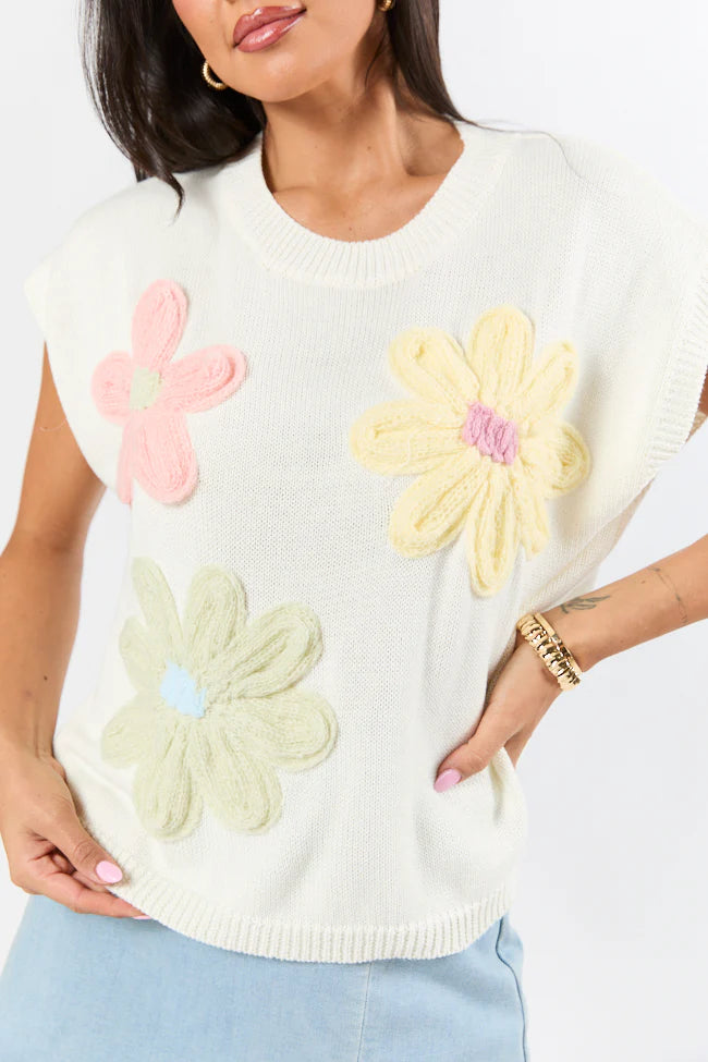 Blooming Joy Ivory Multi Flower Embroidered Short Sleeve Sweater