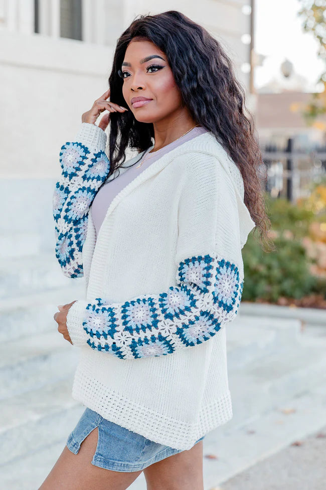 Be Better Ivory and Blue Crochet Sleeve Hooded Cardigan FINAL SALE