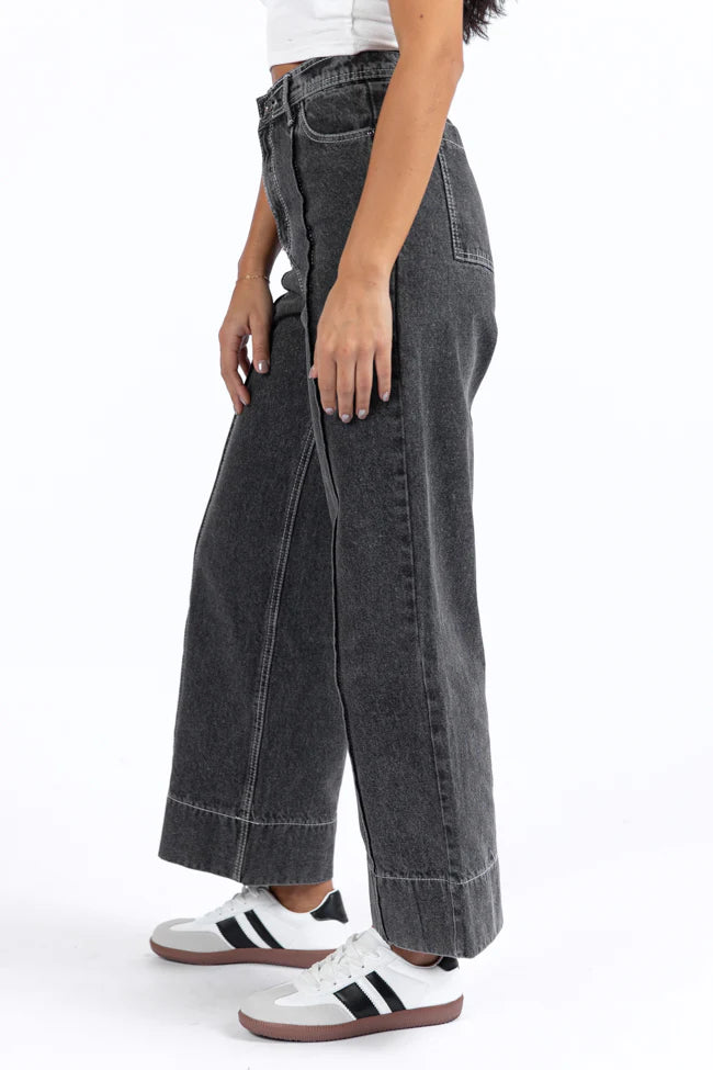 Estelle Black Acid Wash Wide Leg Front Seam Denim Pants