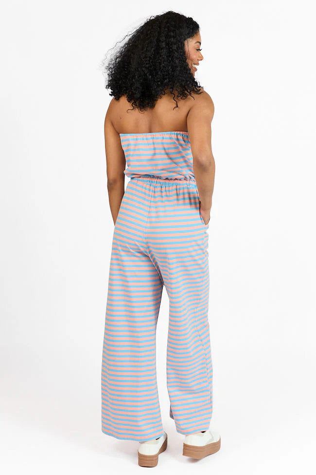 Making My Way Coral and Blue Striped Strapless Jumpsuit