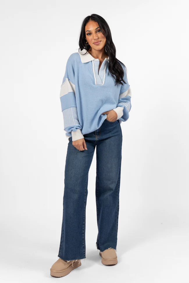 Think About It Sky Blue Collared Oversized Sweater