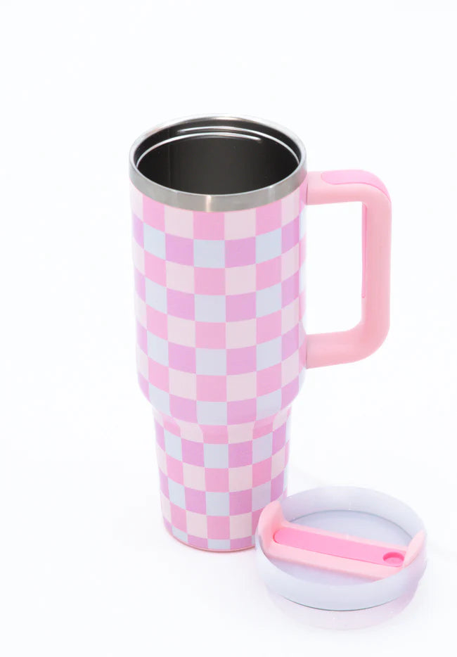 Sippin' Pretty Multi Pastel Checkered 40 oz Drink Tumbler With Lid And Straw SALE