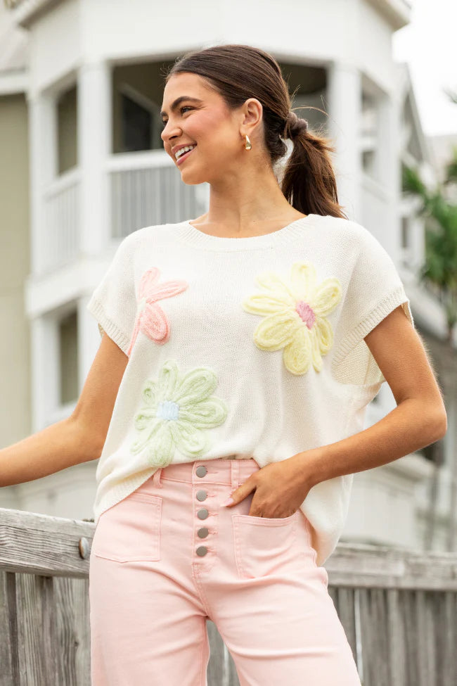 Blooming Joy Ivory Multi Flower Embroidered Short Sleeve Sweater