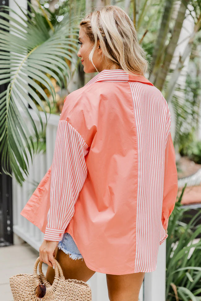 Get It Right Coral Striped Button Front Color Block Blouse FINAL SALE