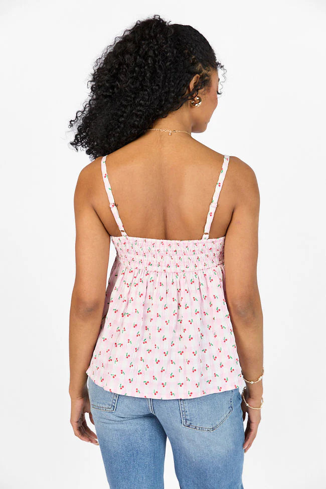 Sweet As Can Be Pink Cherry Gingham Print Tank