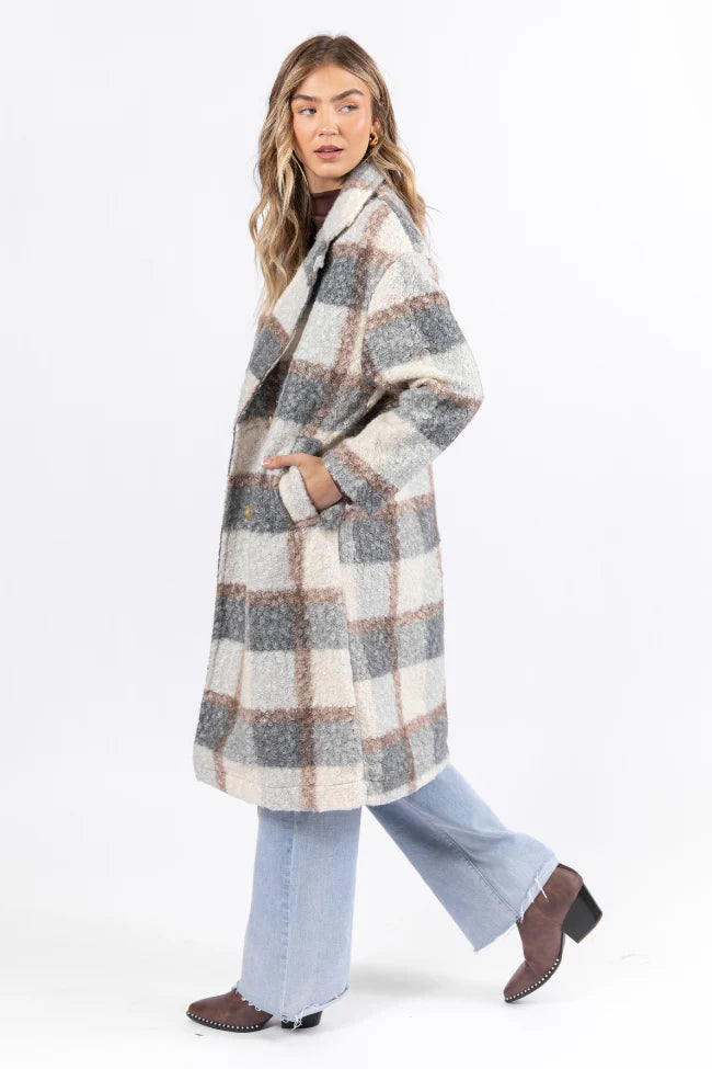 Wanting More Grey Sherpa Plaid Coat