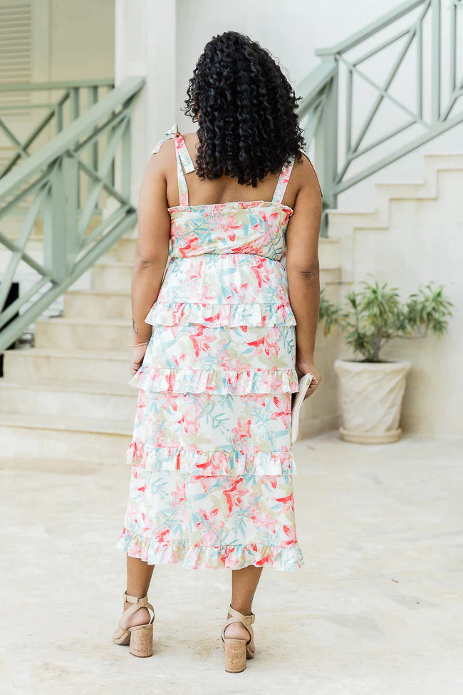 Stay In Paradise Floral Tiered Satin Midi Dress FINAL SALE