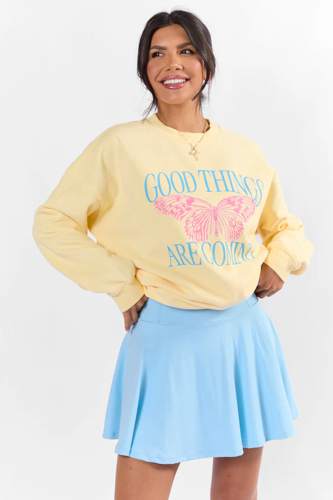 Good Things Are Coming Light Yellow Oversized Graphic Sweatshirt