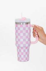 Sippin' Pretty Multi Pastel Checkered 40 oz Drink Tumbler With Lid And Straw SALE